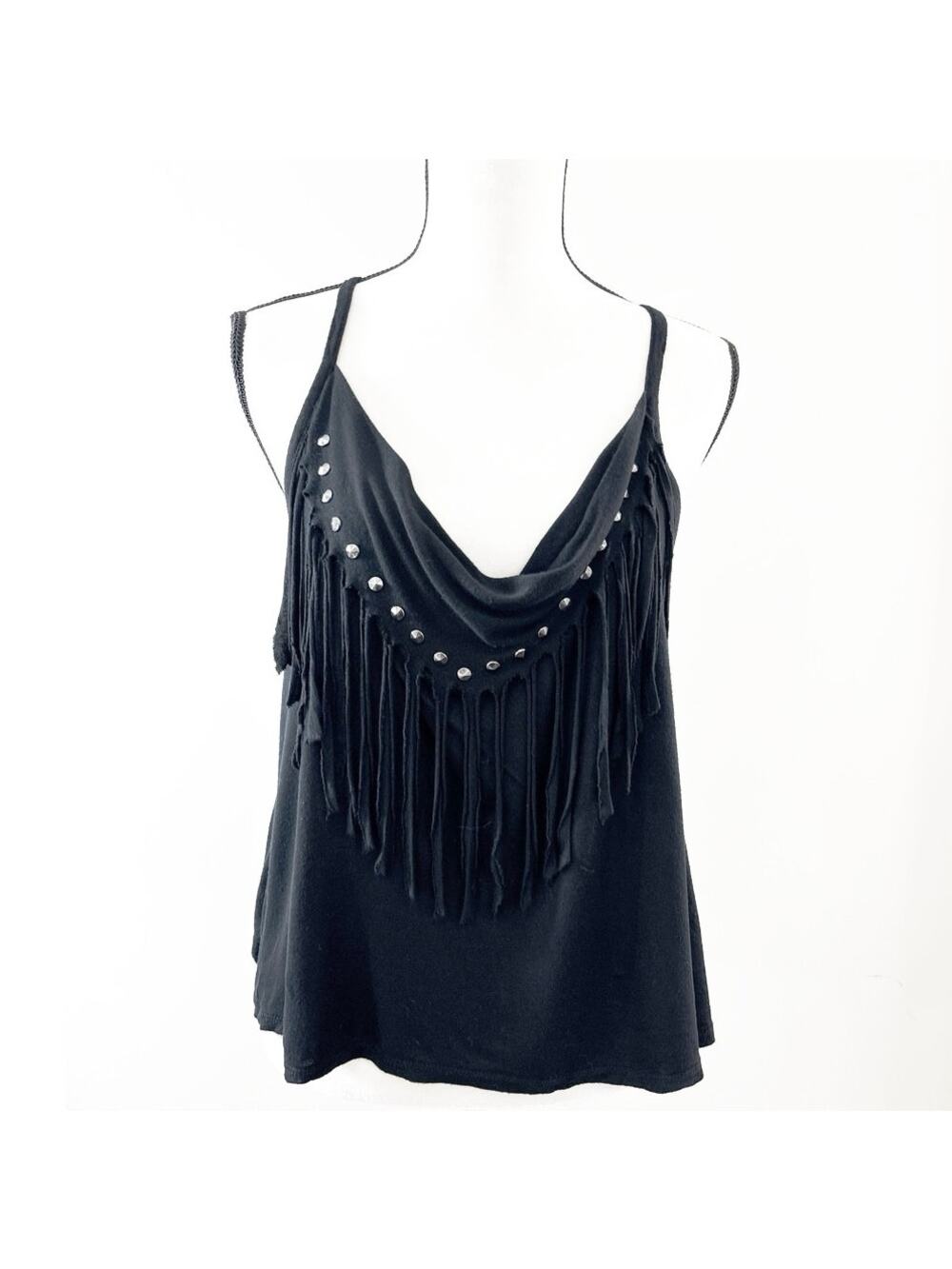 Sweet Love Black Studded Fringe Cowl Neck Tank Top Boho Western Festival - XXL